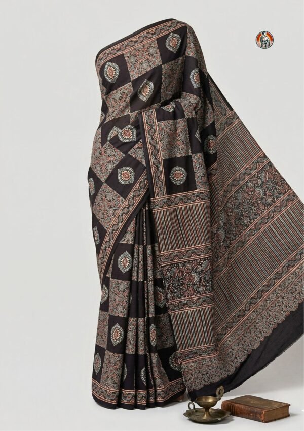 Black Ajrakh Block Print Modal Silk Saree with Traditional Pattern Pallu and Blouse (6.5 Meter)