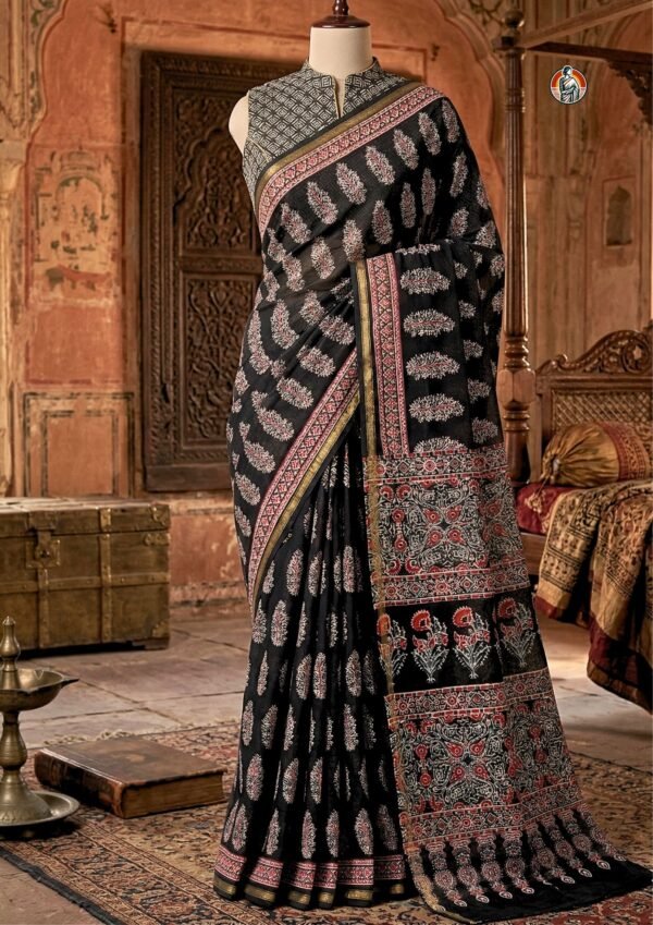 Black Base Chanderi Handloom Saree with Handblock Print, Cotton Silk Weave & Blouse Piece