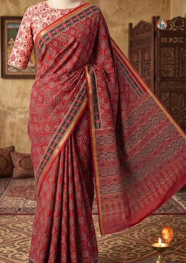 Classic Red Chanderi Handloom Saree with Ajrakh Inspired Print & Gold Border | Cotton Silk Saree with Contrast Blouse