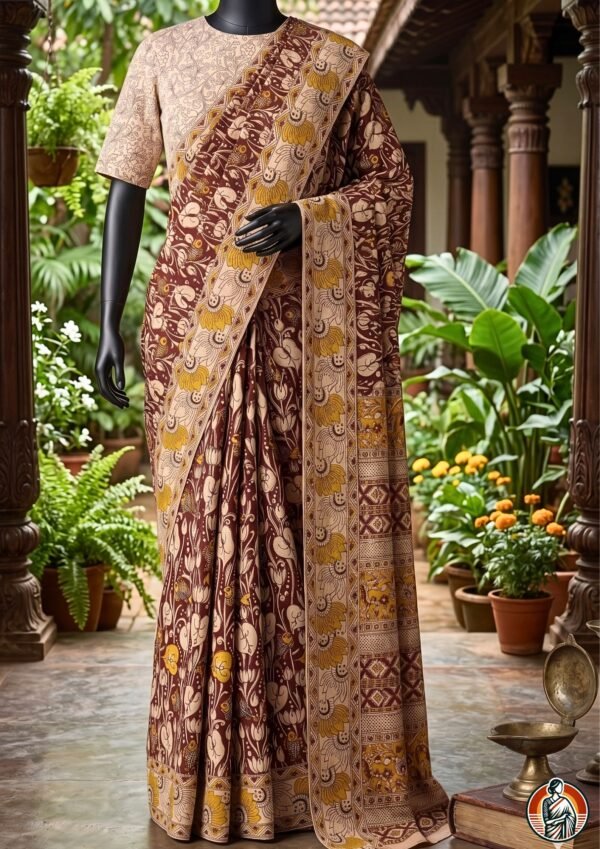 Cream Beige Handblock Kalamkari Cotton Saree with Fish Motif & Maroon Border from A.P. | Traditional Saree with Blouse