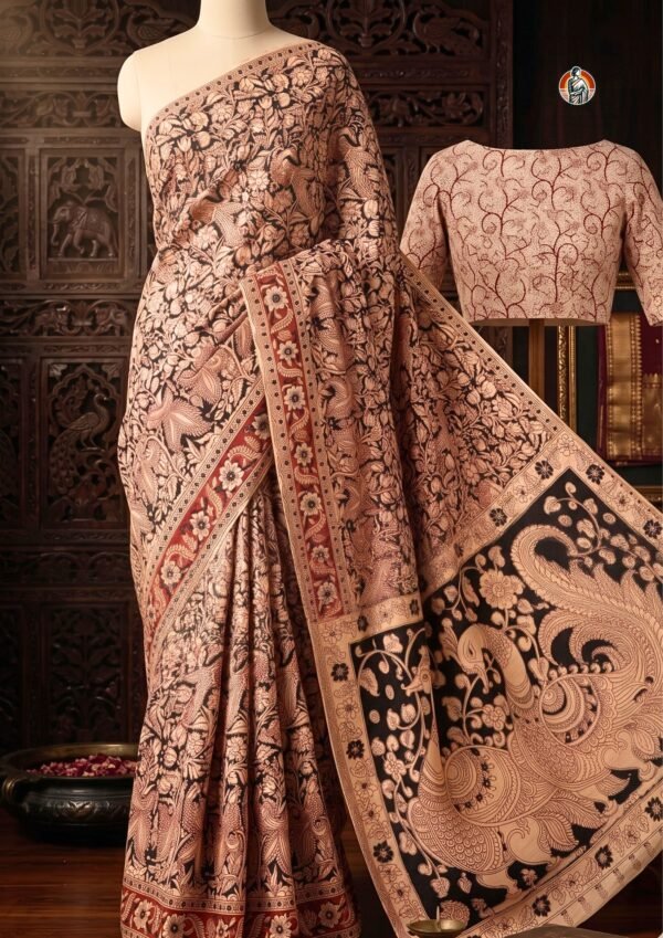 Cream Black Handblock Kalamkari Cotton Saree from Andhra Pradesh with Peacock Floral Design & Blouse