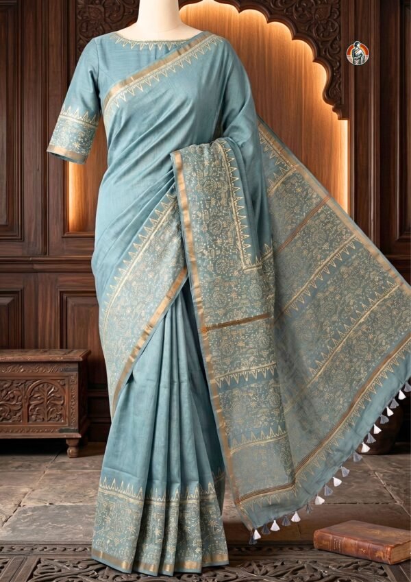 Dusty Teal Bhagalpuri Silk Warli Art Saree with Tribal Print & Zari Border | Khaddi Woven Saree with Blouse