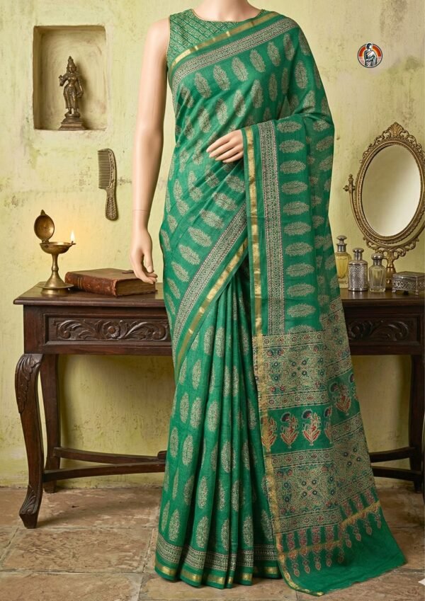 Emerald Green Chanderi Handloom Saree with Handblock Print, Cotton Silk with Blouse