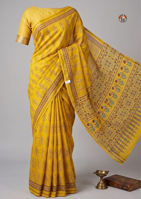 Haldi Yellow Chanderi Handloom Saree with Multicolor Handblock Print & Gold Border | Cotton Silk Saree with Blouse
