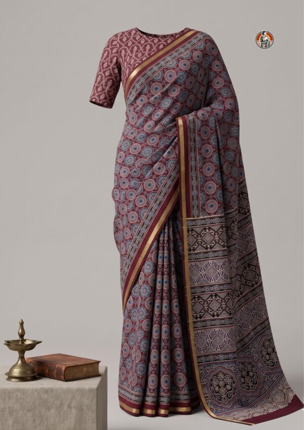 Maroon Chanderi Handloom Saree with Ajrakh Inspired Circular Print & Gold Border | Cotton Silk Saree with Blouse