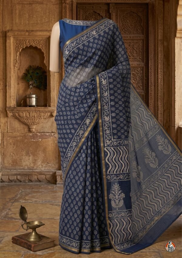 Navy Blue Chanderi Handloom Saree with Handblock Print & Gold Border | Cotton Silk Saree with Blouse