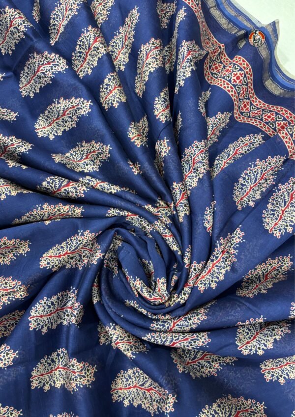 Navy Blue Chanderi Handloom Saree with Red Pallu & Handblock Print, Cotton Silk with Blouse