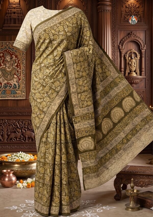Olive Brown Cream Handblock Kalamkari Cotton Saree from Andhra Pradesh with Peacock Border & Blouse