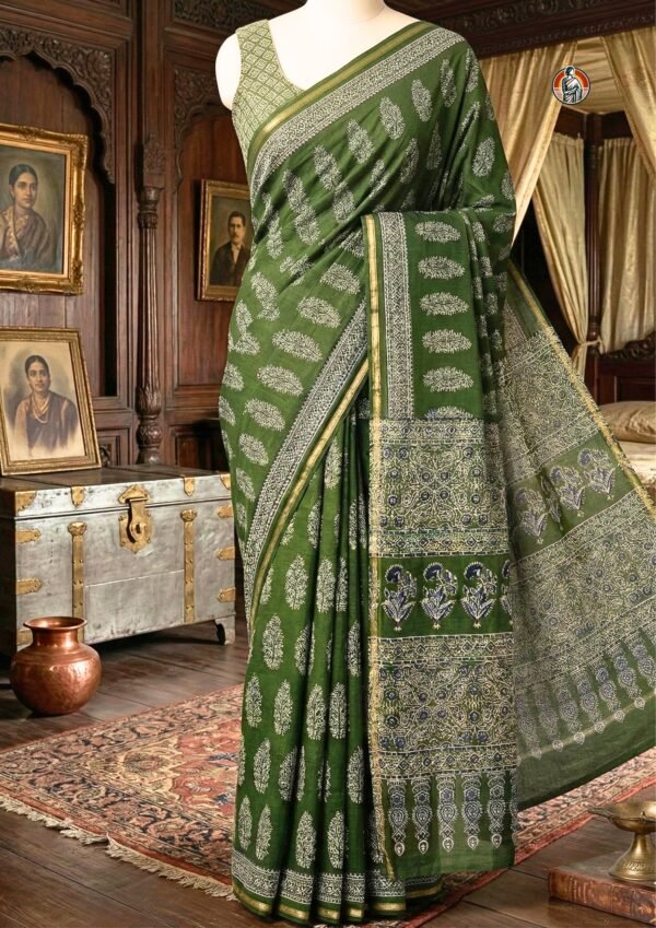 Olive Green Chanderi Handloom Saree with Handblock Print, Cotton Silk Weave & Blouse Piece
