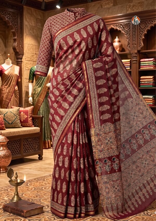 Raisin Brown Chanderi Handloom Saree with Ajrakh Inspired Pallu & Gold Border | Cotton Silk Saree with Blouse