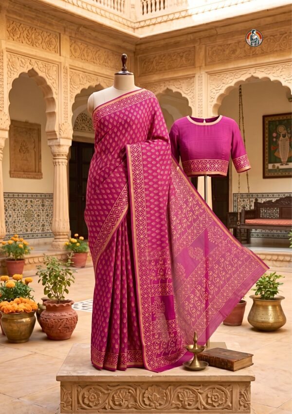 Rani Pink Chanderi Handloom Saree with Gold Handblock Print & Zari Border | Cotton Silk Saree with Blouse