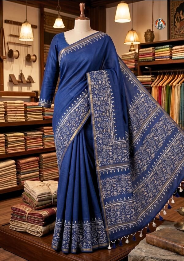 Royal Blue Bhagalpuri Silk Warli Art Saree with Tribal Border & Tassels | Khaddi Woven Saree with Blouse