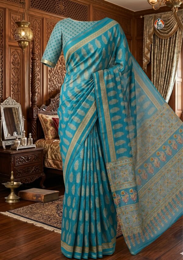 Teal Blue Chanderi Handloom Saree with Multicolor Handblock Print & Gold Border | Cotton Silk Saree with Blouse