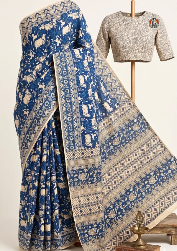 Indigo Blue Handblock Kalamkari Cotton Saree with Cow Motifs | A.P. Traditional Saree with Blouse
