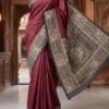 Deep Maroon Ghicha Silk Saree with Black Handblock Print