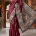 Deep Maroon Ghicha Silk Saree with Black Handblock Print