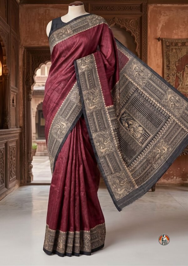 Deep Maroon Ghicha Silk Saree with Black Handblock Print