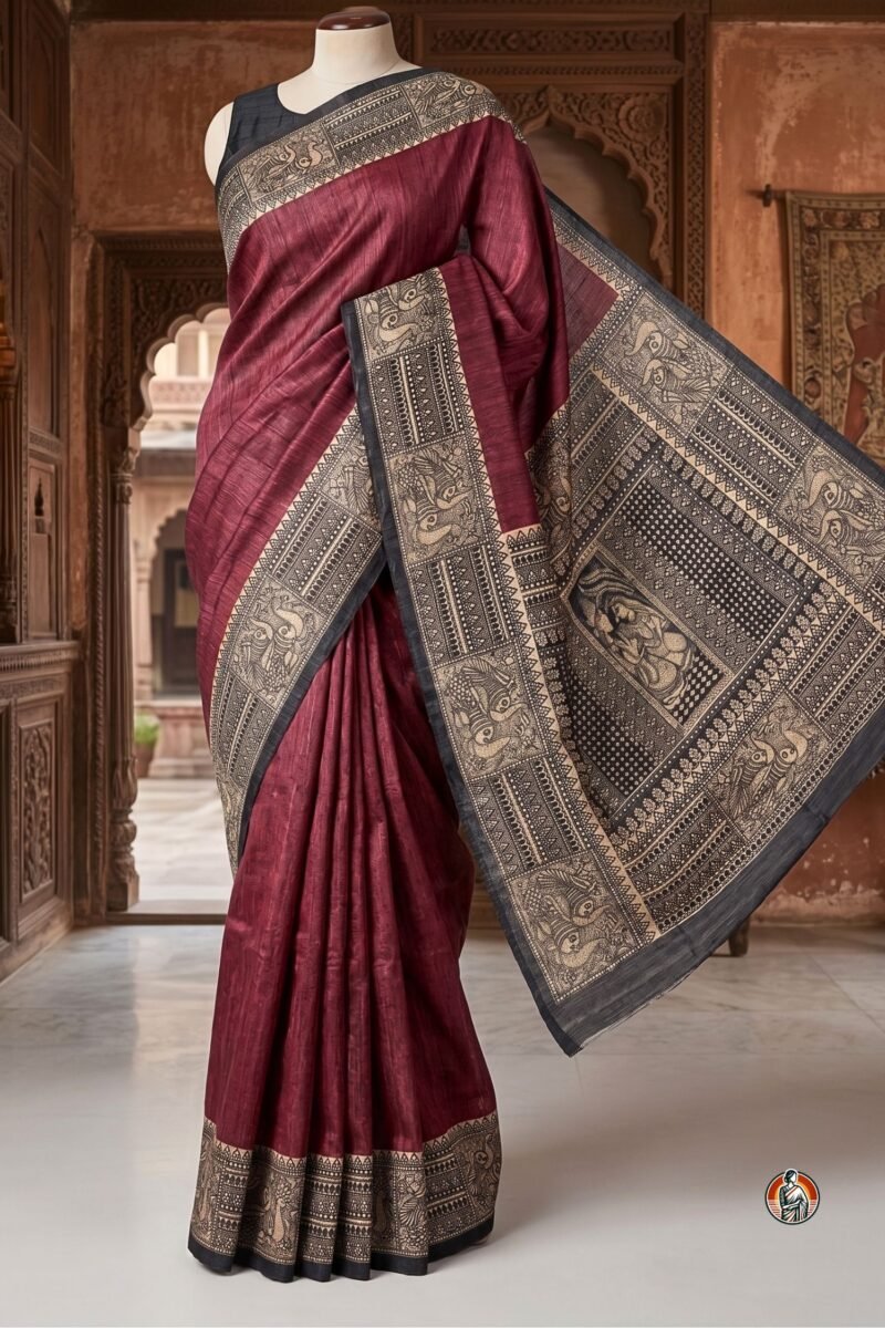 Deep Maroon Ghicha Silk Saree with Black Handblock Print