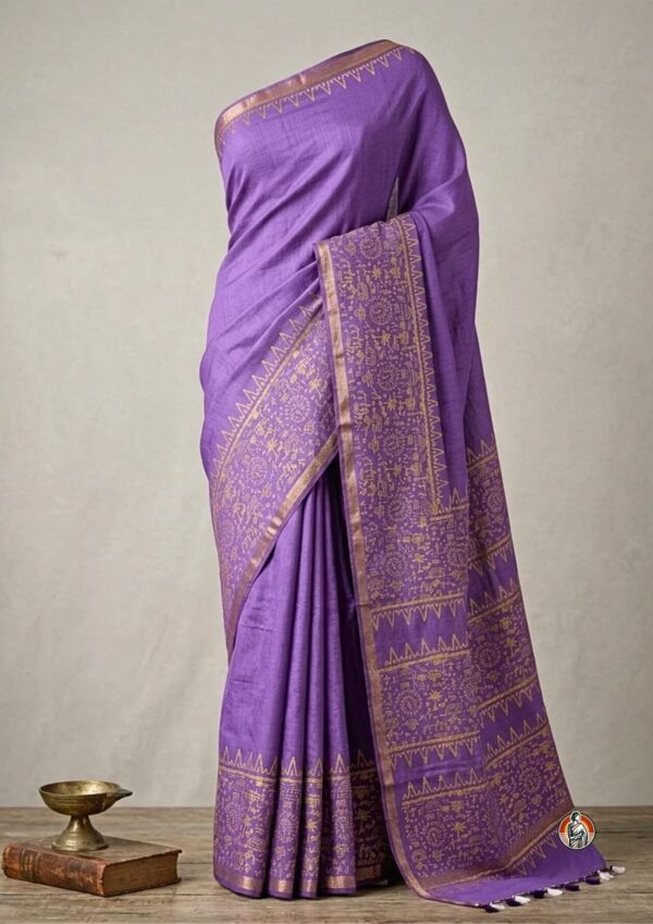 Purple Bhagalpuri Silk & Viscose Saree with Tribal Folk Art Border | Bhagalpur Handloom Saree with Blouse